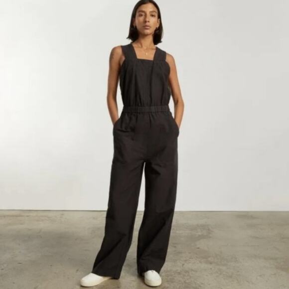 NEW Everlane Black Linen Fatique Apron Wide Leg One-Piece Sleeveless Jumpsuit - Picture 1 of 9
